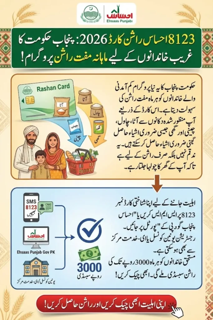 8123 Ehsaas Rashan Card 2026 via Ehsaas Punjab Gov PK – Eligibility, Registration, SMS Check & Monthly Subsidy